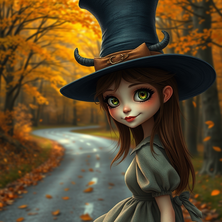 digital art fantasy depicting a strange girl with brown hair, long eyelashes, white lipstick and a tall hat walking along a winding road on an autumn afternoon, an Finch smiles as she passes