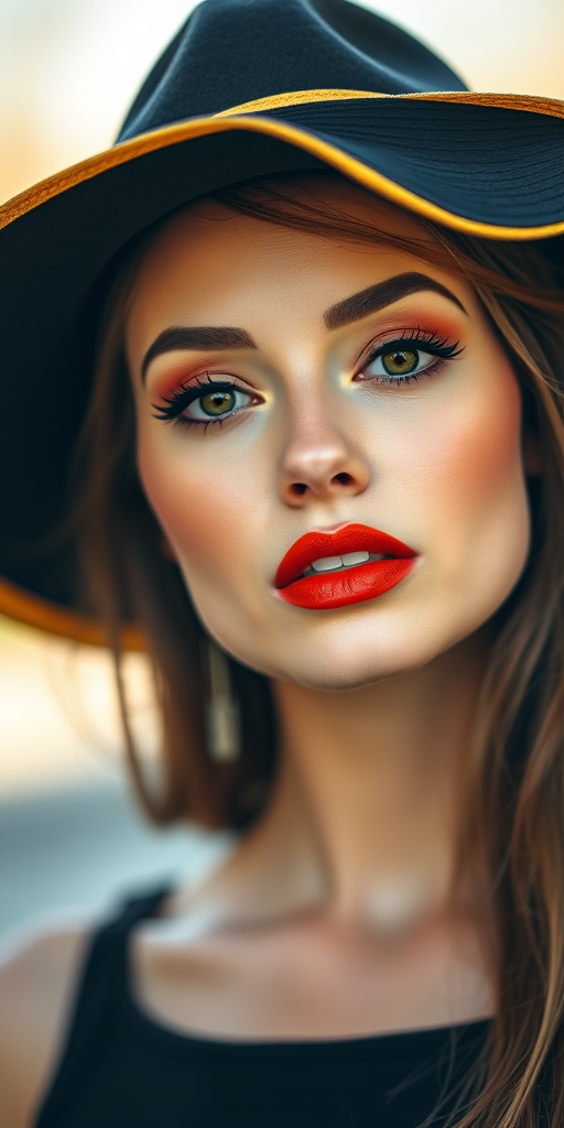 portrait of a woman with vibrant orange lips and makeup, wearing a stylish black hat with a yellow brim, soft focus background, natural light, 85mm lens, f/1.8, ISO 200, slight vignette for emphasis, medium close-up shot, high dynamic range, soft skin tones, detailed textures