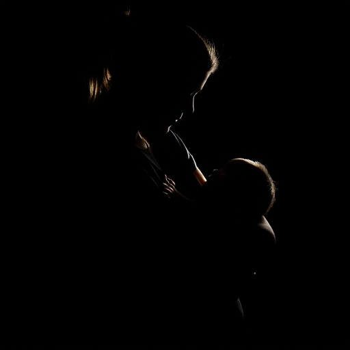 Silhouette of a mother cradling her baby in a dark setting, captured with a 50mm lens at f/1.8, ISO 200, shutter speed 1/100 sec, in portrait mode using a DSLR camera with soft lighting for enhanced contrast.