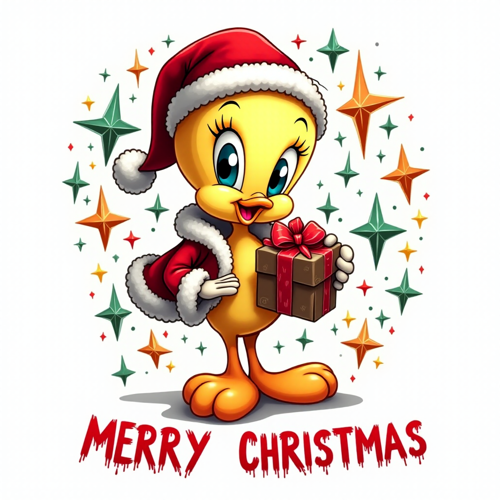 Merry Christmas” cosmic star art tweety bird wearing a Christmas hat and Santa jacket holding gift with a big bow tweety bird is extremely detailed and vibrant behind her is star cosmic design on white background that’s all Christmas colors red green white the words “MERRY CHRISTMAS” is written at the bottom in red electric font outline in black 3000dpi 32k