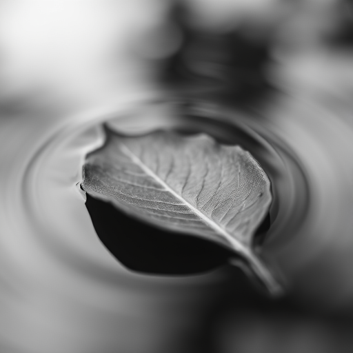 black and white close-up of a leaf floating on water, soft focus with smooth reflections, aperture f/2.8, shutter speed 1/60s, ISO 100, macro lens, low angle shot, natural light