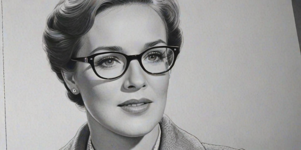 Ravishing Julie Andrews, pencil sketch, portrait of Dazzling woman 1936s in glasses, hair style beatnik, outline, clear lines, fine lines, 8k