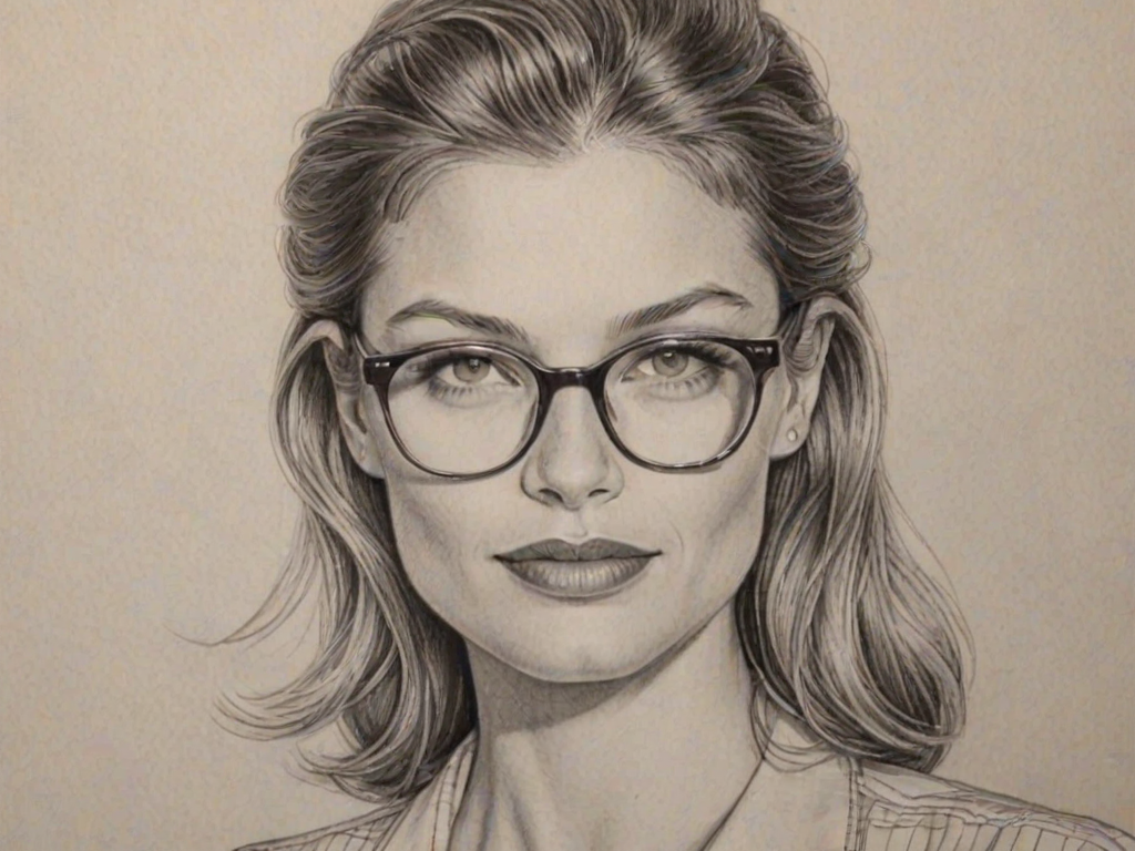 Enchanting Ivana Milicevic, pencil sketch, portrait of Dazzling woman 1953s in glasses, hair style beatnik, outline, clear lines, fine lines, 8k