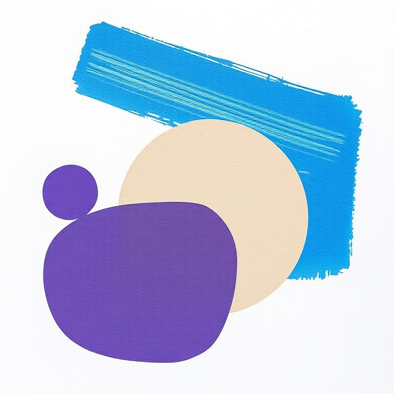 Create an abstract image featuring three textured shapes: a blue rectangular brushstroke, a purple circular patch, and a beige oval shape on a white background, captured with a DSLR camera at f/4 aperture, ISO 100, 50mm lens, natural lighting, and overhead view.
