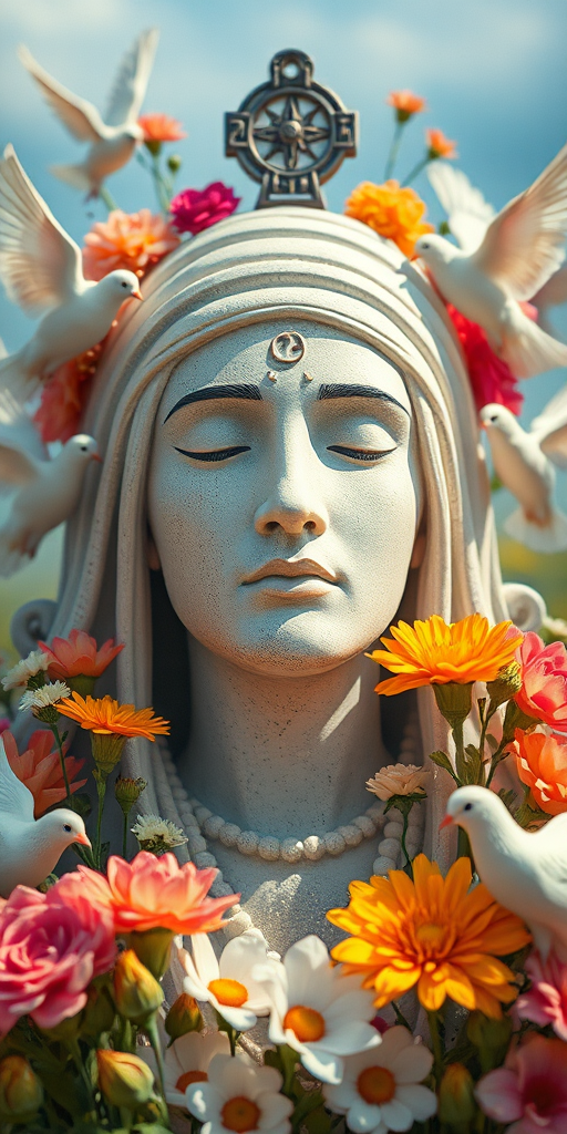 Regenerate an artistic portrait of a peace-themed figure surrounded by vibrant flowers and doves, using a DSLR camera with a 50mm lens, f/1.8 aperture, ISO 100, in natural lighting, with a slight bokeh effect for depth, and a high-resolution setting for enhanced detail.