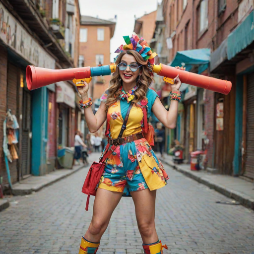 A playful woman holds a bazooka with a mischievous grin, her pose exaggerated and cartoonish. She’s dressed in a colorful, quirky outfit with oversized accessories, giving her a whimsical and fun appearance. The bazooka, although large, is designed in a cute, almost toy-like style, adding to the humorous and lighthearted vibe of the scene. The background is bright and cheerful, enhancing the overall playful atmosphere.
We share ALL our prompts in the Bing Image Prompts group: