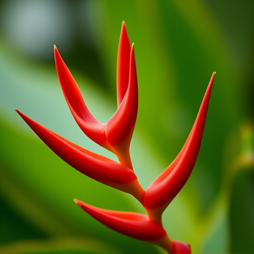 Capture a close-up of a vibrant red heliconia flower with a blurred green background, using a DSLR camera with a 50mm lens at f/2.8 aperture, ISO 100, and a shutter speed of 1/200 sec for enhanced detail and depth of field.