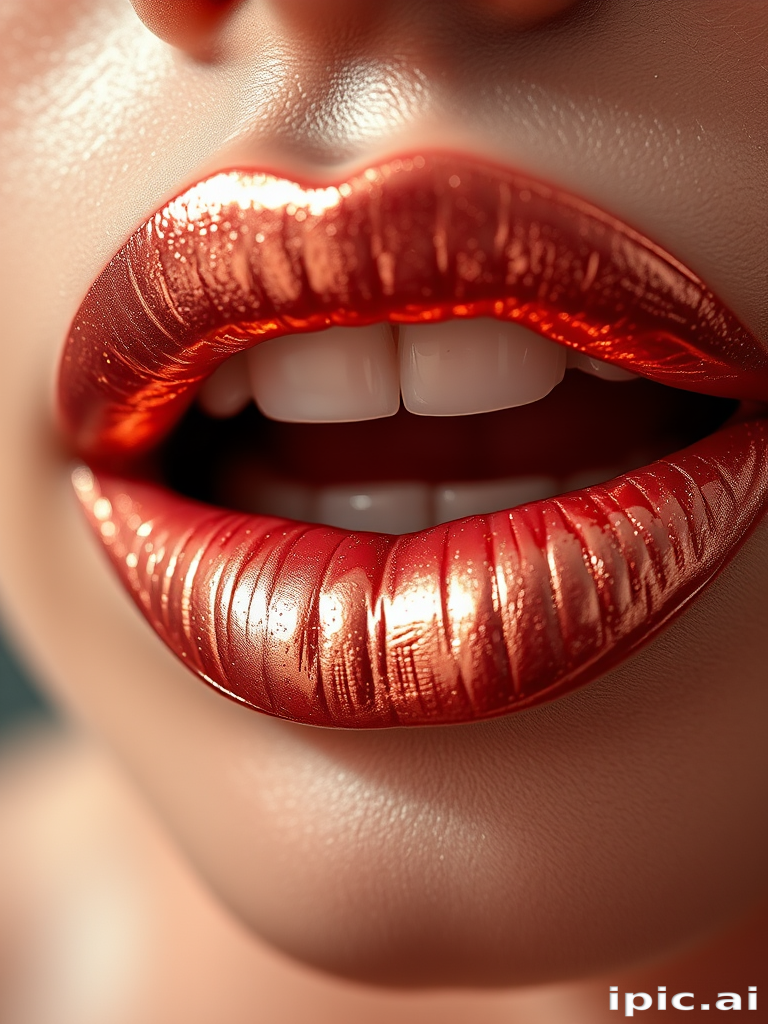 Shimmering rose gold lips glisten with metallic sheen, reflecting light in a mesmerizing display of luxury and sophistication, perfect for glamorous close-up shots