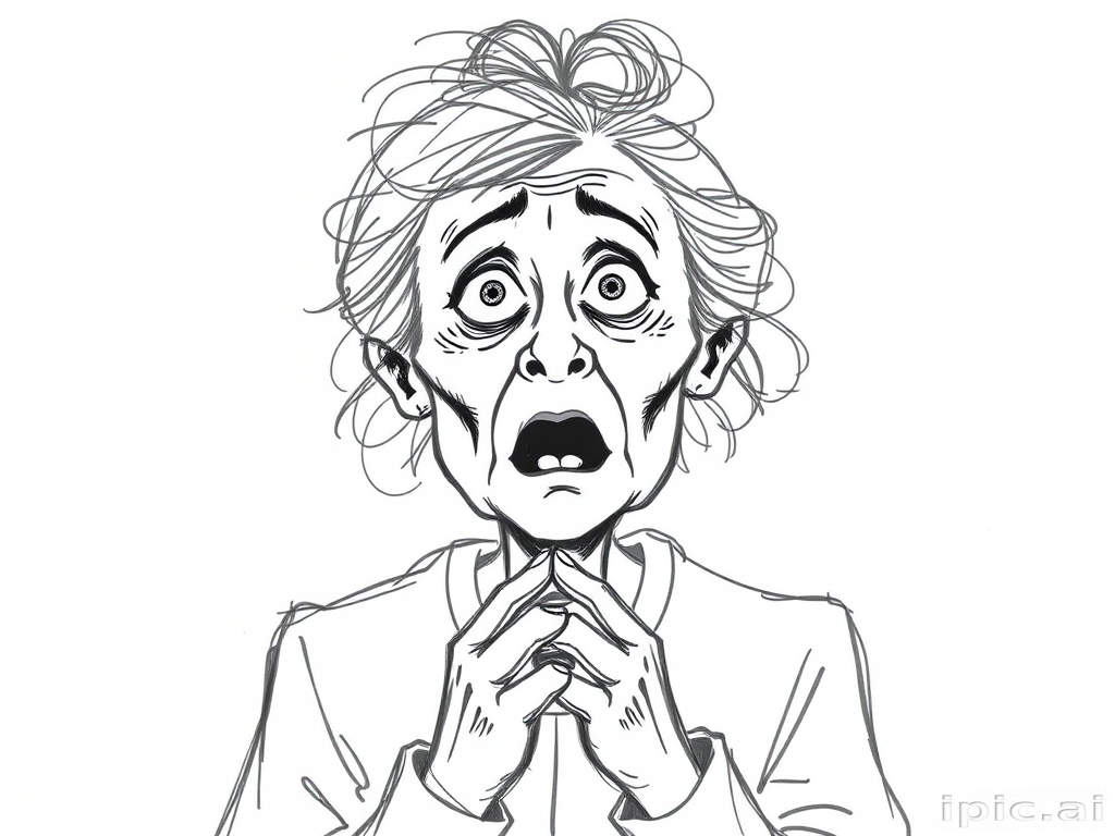 scribbly unfinished sketch, old lady with messy gray hair in a loose bun, surprised expression, mouth open, hands clasped together in front of her chest. Her eyes are wide, eyebrows are furrowed. vibe of shock or surprise.
