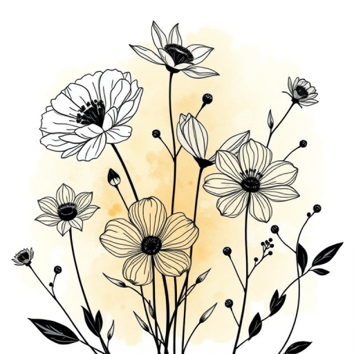Create an elegant floral illustration featuring outline drawings of delicate flowers in black with a subtle gold watercolor background, captured with a DSLR camera at 50mm focal length, f/1.8 aperture, ISO 100, in natural soft lighting to enhance contrast and details.
