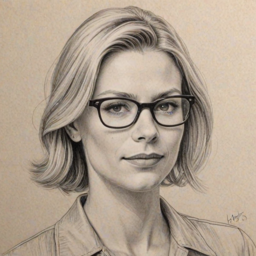 Delightful Claire Danes, pencil sketch, portrait of Radiant woman 1952s in glasses, hair style beatnik, outline, clear lines, fine lines, 8k