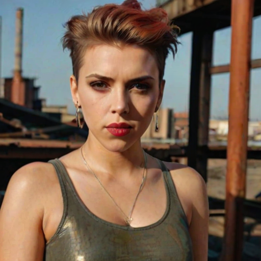 a highly detailed photo of scarlett johansson with a punk aesthetic. She has fair skin and a slender physique. Her hair is styled in a mohawk with a striking green and red gradient, with the green section covering the left side and the red section on the right. Her facial features are sharp and angular, with dark eyebrows and eyeliner that accentuate her almond-shaped eyes. She has a small nose ring and wears a silver metallic earpiece on her left ear. Her expression is neutral, with a slight hint of a smile. She has a tattoo of a large red rose on her neck, just below her jawline. She is wearing a sleeveless top that reveals her shoulders and upper arms, which are lightly tanned. The background is a gritty, industrial setting with a rusty, metallic texture. There are visible pipes and a large, metallic structure in the distance, suggesting an urban environment. The sky is a mix of blue and orange hues, indicating either early morning or late afternoon light. The image has a realistic texture and lighting, enhancing the sense of being in a real-world environment.