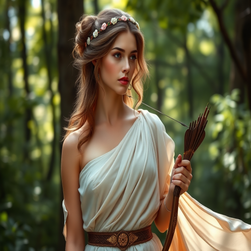 Create a portrait of a goddess-like female figure in a tranquil, forested environment. She has an elegant appearance with long, wavy hair styled in an updo and adorned with a delicate, floral headband. She wears a flowing, ancient Greek-inspired gown in a soft, pale color, featuring a one-shoulder design and draped fabric that accentuates her graceful form. The outfit includes a decorative belt with ornate gold detailing, and she holds a bow in her hand, with a quiver of arrows slung over her shoulder. The background depicts lush greenery, with sunlight filtering through the trees, casting a gentle, ethereal light on the scene. Her expression is calm and contemplative, embodying a sense of wisdom and serenity.