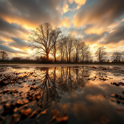 trees reflecting in a puddle of water mirror of trees, a cloudy sky with golden light, low grip, autumn atmosphere, dead leaves in the puddle, 4k