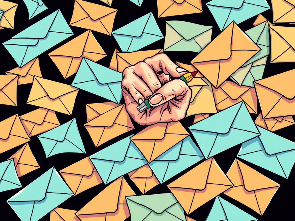 Create a detailed illustration of a hand drawing numerous envelopes in a flowing pattern, camera settings: ISO 100, f/8, 1/125s, camera view: close-up, camera style: vibrant colors and sharp details, camera type: DSLR.