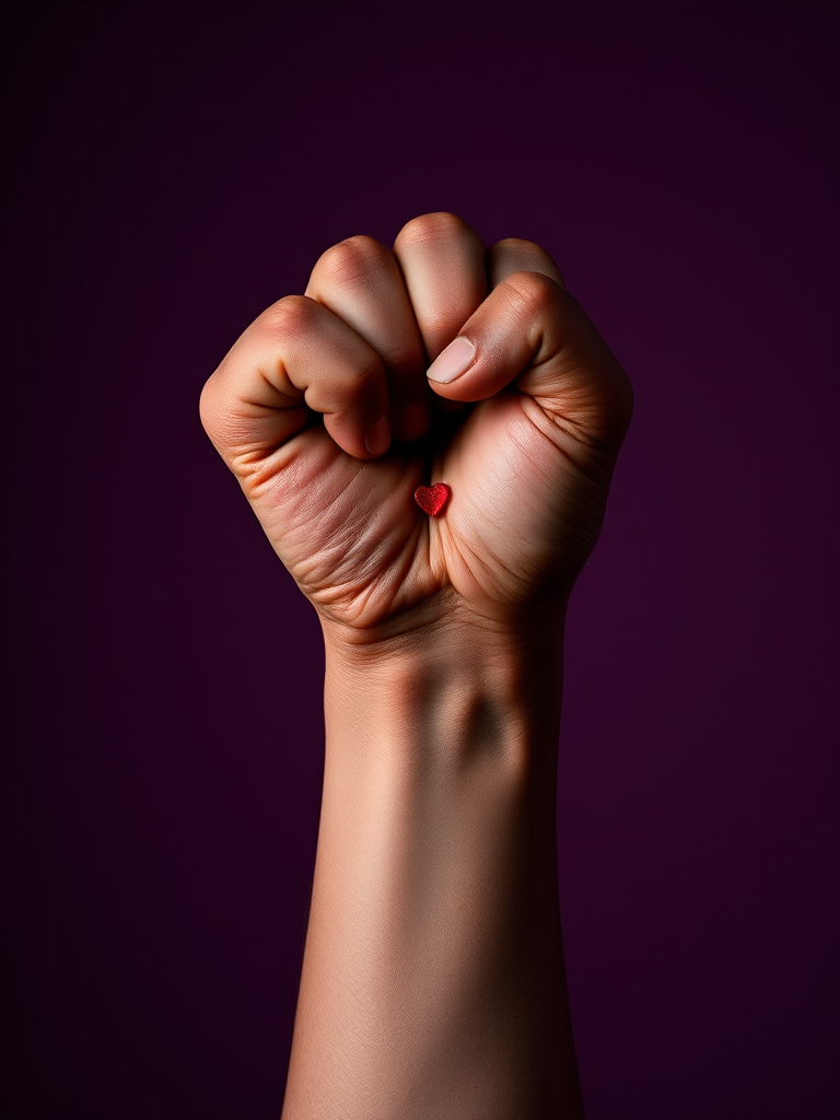 A high-resolution image of a raised black fist with a small heart in the center, shot with a DSLR camera at f/2.8 aperture, ISO 100, 50mm lens, in a vibrant studio lighting setup to enhance colors and contrast.