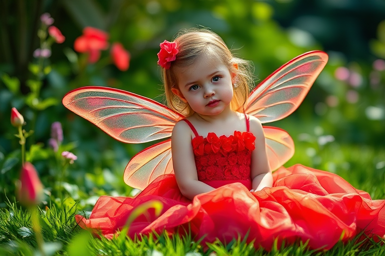 A young girl with delicate fairy wings sitting in a lush garden, wearing a vibrant red gown adorned with flowers, soft natural lighting, shallow depth of field, 50mm lens, f/1.8 aperture, ISO 200, high dynamic range, portrait mode, DSLR camera.