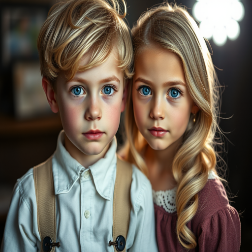 Create a portrait of a boy and girl with bright blue eyes, girl with long blonde hair and wavy hairstyle, both wearing vintage clothing, soft lighting, high detail, shallow depth of field, using a Canon EOS R5, 85mm f/1.2 lens, aperture f/1.8, ISO 100, 1/200s shutter speed, studio lighting backdrop.