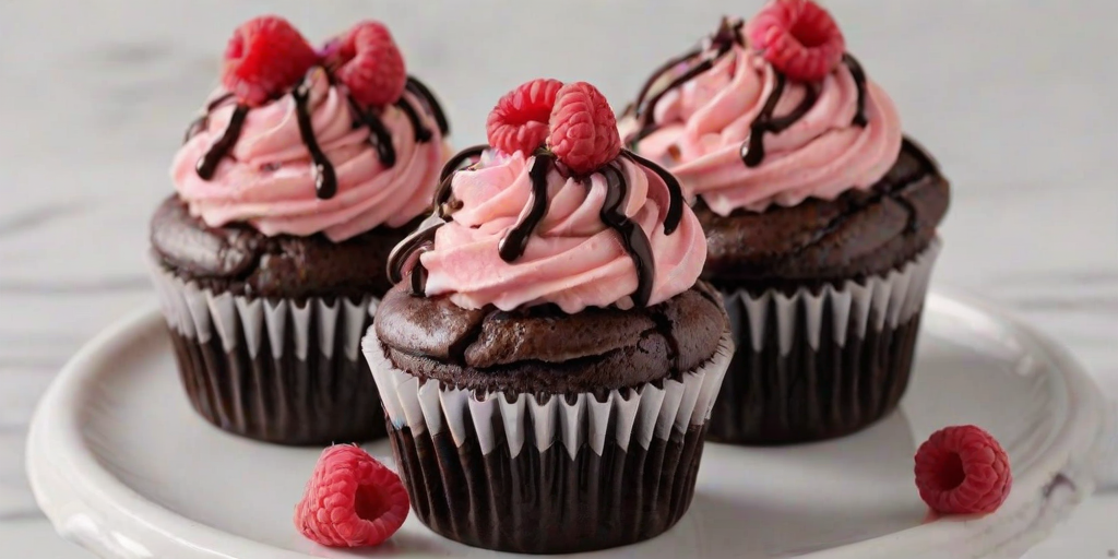Create an image of delicious chocolate cupcakes topped with pink raspberry frosting, drizzled with dark chocolate. Each cupcake should be garnished with fresh raspberries and arranged on a white marble surface. The overall presentation should be appetizing and visually appealing, highlighting the contrast between the dark chocolate and the bright pink frosting.