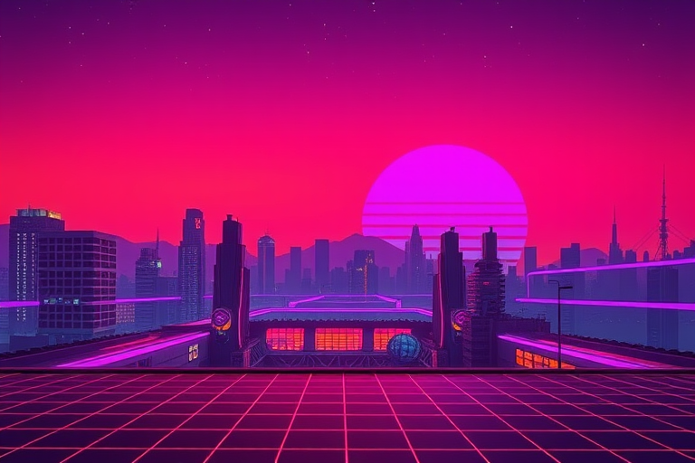 create a vibrant retro-futuristic cityscape at sunset with a large purple sun and horizontal stripes, incorporate a grid foreground and stars in the night sky, shot with a Canon EOS R5, using a 24mm lens, f/2.8 aperture, ISO 100, and a long exposure for enhanced detail and color saturation, wide-angle view
