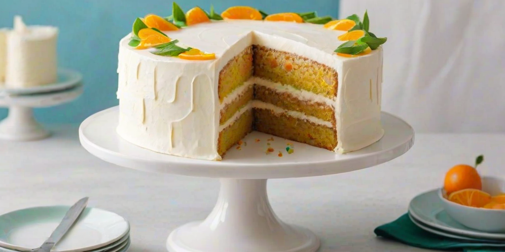 Generate an image of a layered cake with a smooth white frosting. The top is decorated with a slice of orange and a few green leaves. The cake is displayed on a white cake stand, with one slice cut out to show the interior, which has a light yellow cake texture. The background includes a light blue cloth and a whole orange beside the cake.
