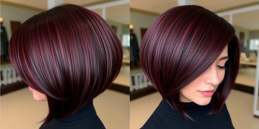 Rich burgundy bob named "Velvet Noir" with glossy finish and asymmetrical cut, featuring a deep side part and sleek, straight styling for a sophisticated look