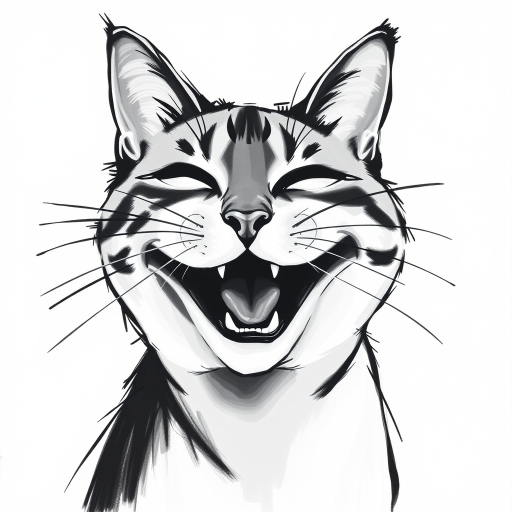 Abstract black and white acrylic portrait of an over exaggerated laughing (cat). Minimalism style. White background.