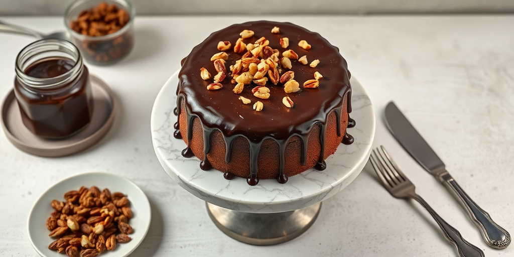 A round chocolate cake with smooth frosting drizzled with chocolate and topped with nuts placed on a marble cake stand surrounded by a plate of nuts a jar of chocolate spread a knife and vintage forks on a light textured surface