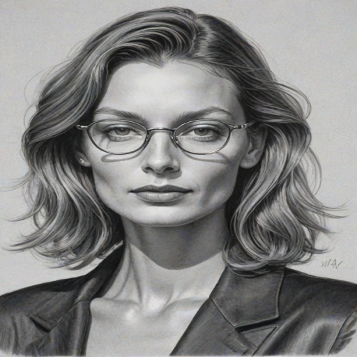 Elegant Daria Werbowy, pencil sketch, portrait of Resplendent woman 1938s in glasses, hair style beatnik, outline, clear lines, fine lines, 8k