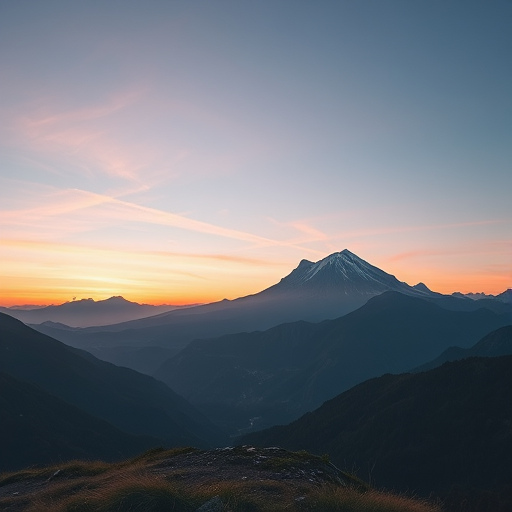 Create a high-resolution image of a serene mountain landscape during sunrise with soft pastel colors in the sky, using a Canon EOS R5, 24mm lens, f/8 aperture, ISO 100, at a shutter speed of 1/125 seconds, shot from a low angle to capture foreground details and enhance depth.