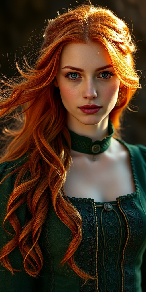 portrait of a woman with flowing red hair in a green medieval dress, softly lit, warm tones, capturing intricate details, DSLR camera, 50mm lens, f/1.8, natural light, shallow depth of field, composition in focus on the face.
