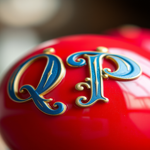 Create an image of two glossy red spheres with ornate blue and gold letters "Q" and "P" on them, captured in high resolution with a DSLR camera at f/2.8 aperture, 50mm lens, and a soft focus background for artistic effect.