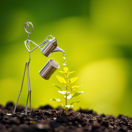 A metal figurine of a person, constructed from thin, silver rods, stands on the left side of the image, facing the viewer. The figurine is holding a small watering can and pouring water onto a young plant, with a few droplets in the air. The plant, with lush green leaves, is situated in the center, growing from dark soil. The background is a soft, out-of-focus blur of green, illuminated by warm, natural light.  The composition creates a sense of depth and intimacy. The image evokes feelings of growth, nurture, and hope.