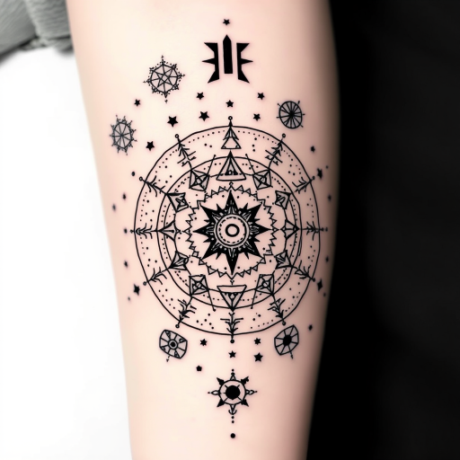 Dotwork tattoo design named "Celestial Constellations" portraying intricate star patterns and zodiac symbols created entirely with tiny dots, forming a mesmerizing galaxy-inspired piece