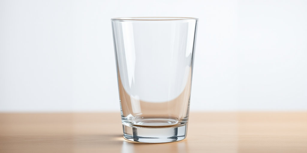Create a high-resolution image of an empty glass with a transparent appearance, taken with a 50mm lens at f/1.8, ISO 100, and a shutter speed of 1/125 sec from a front view using a DSLR camera for enhanced clarity and detail.
