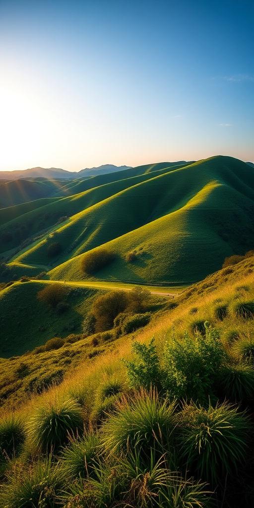 Create a high-resolution image of a tranquil landscape at sunrise with lush green hills and a clear sky, captured with a Canon EOS R5 using a 24-70mm f/2.8 lens at f/8, ISO 100, and a shutter speed of 1/125s, in landscape orientation for vibrant colors and sharp details.