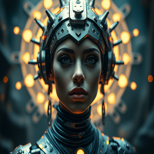 Create a futuristic portrait of a woman with elaborate metallic headgear, intricate facial markings, and glowing elements in a mystical environment, using a DSLR camera with 50mm lens, aperture f/1.8, ISO 100, and a shallow depth of field for dramatic focus.