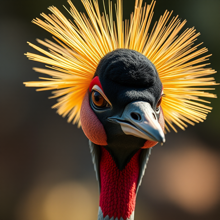 Capture a close-up portrait of a colorful crane with a dramatic golden feather crown using a Canon EOS R5, 85mm lens, f/1.8 aperture, ISO 100, with soft natural lighting and a shallow depth of field for a blurred background effect.