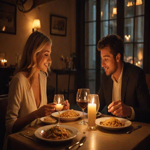 Warmly lit image of a couple sharing a candlelit dinner in a cozy restaurant, soft glow from the candles casting warm shadows on their faces, the smell of pasta and wine filling the air.