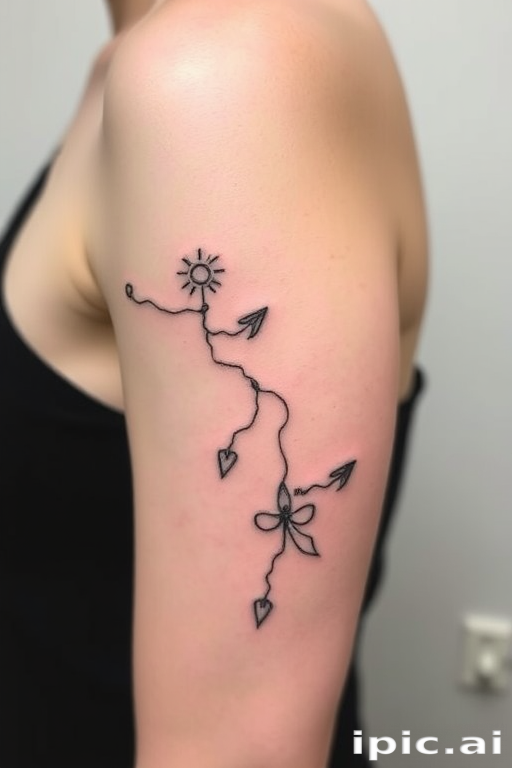 Minimalist fine line tattoo titled "Whispered Memories" showcasing delicate, hair-thin black lines forming a continuous single-line drawing that weaves together meaningful symbols and imagery, such as a person's life journey or cherished memories, creating a subtle and deeply personal narrative on the skin