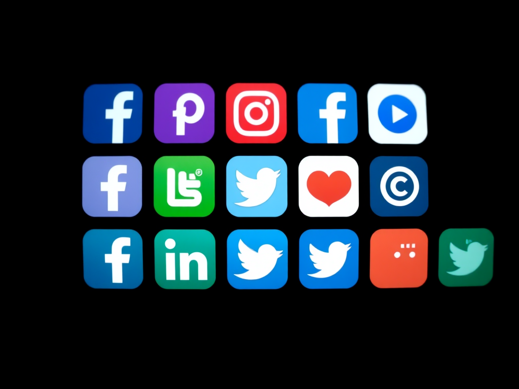 Create a high-resolution image of various social media and communication platform logos displayed in a grid format on a black background, using a DSLR camera with a 50mm lens, f/2.8 aperture, ISO 100, and a soft focus technique for an artistic effect.