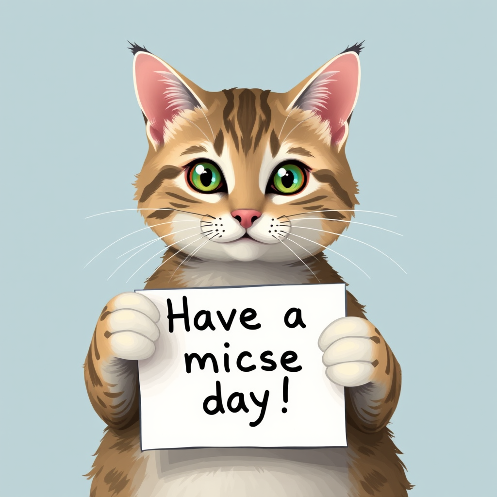 cat holding a note which says "Have a mice day!"