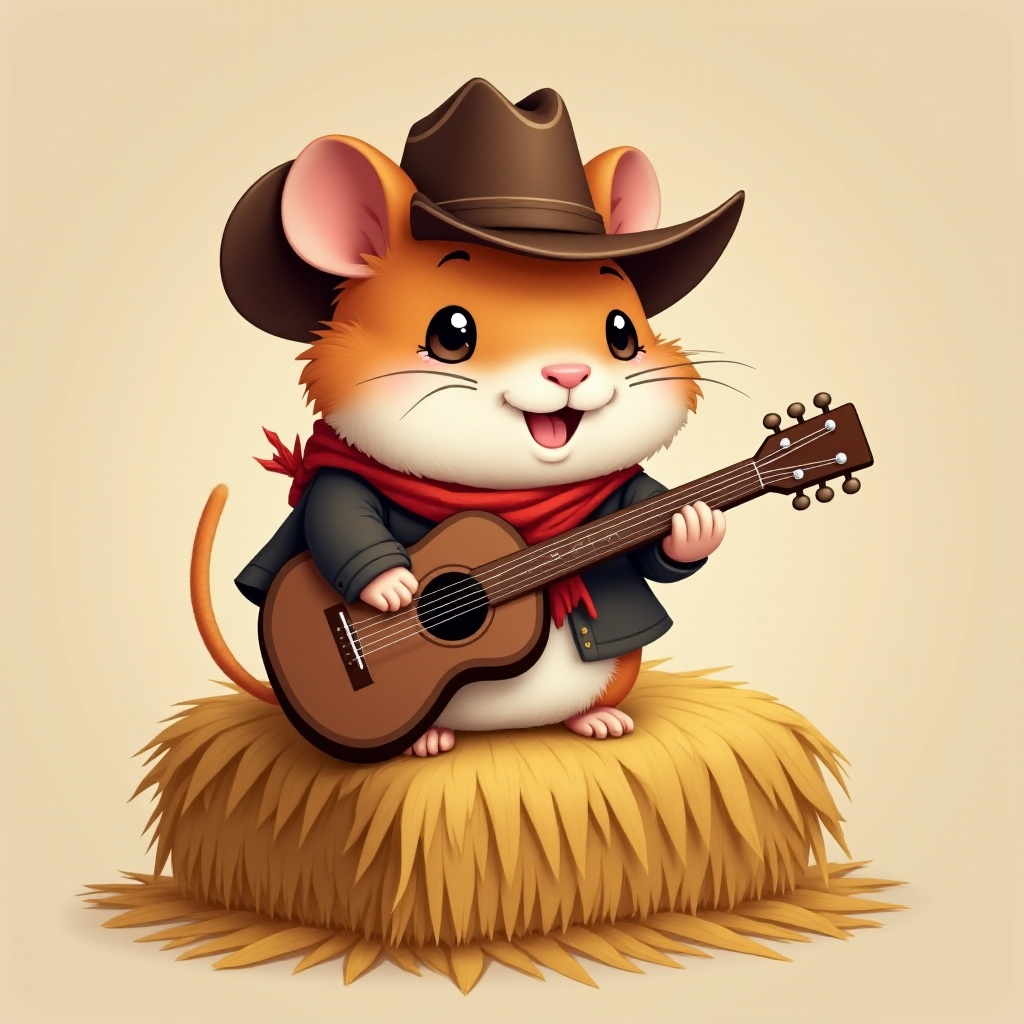 A chibi hamster, dressed as a cowboy, playing guitar, sitting on a hay bale
