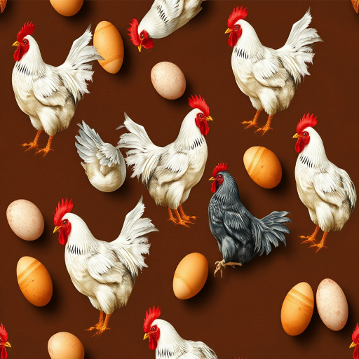 Create a seamless pattern featuring various hand-painted chickens in different poses and colors on a rich brown background, integrating realistic eggs scattered throughout, shot with a DSLR camera at f/8, ISO 100, 50mm lens with a shallow depth of field for enhanced texture details.
