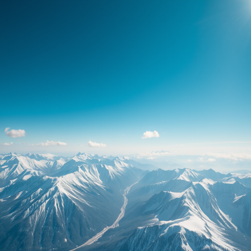 Aerial view of snow-covered mountains under a blue sky with a few clouds, captured with a DSLR camera, 24mm lens, f/11 aperture, ISO 100, and a shutter speed of 1/200 sec for enhanced clarity and depth.