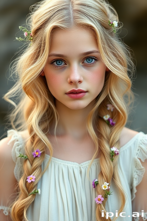 Create an image of a young woman with long, wavy blonde hair, adorned with small, colorful flowers woven into her braids and loose strands. Her complexion is fair, with soft, glowing skin, and she has light blue eyes that gaze softly at the viewer. She wears a light, flowing dress with a gentle, ethereal quality, complementing her delicate and serene appearance. The background is slightly blurred, drawing focus to her tranquil expression and the intricate details of the flowers in her hair. The overall mood of the image is one of natural beauty and grace, evoking a sense of peacefulness and connection with nature.
