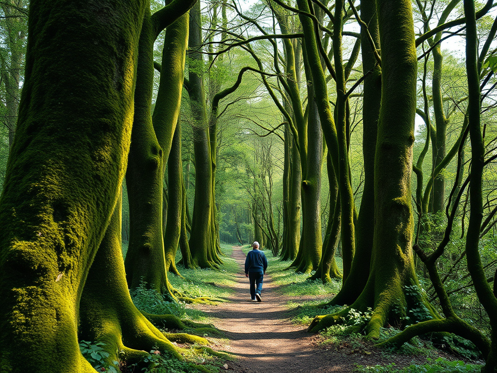 A scenic view of a person walking through a lush green forest with moss-covered trees on either side, captured with a full-frame DSLR camera, 24mm lens, aperture f/8, ISO 200, natural lighting, mid-morning sunlight, wide-angle perspective.