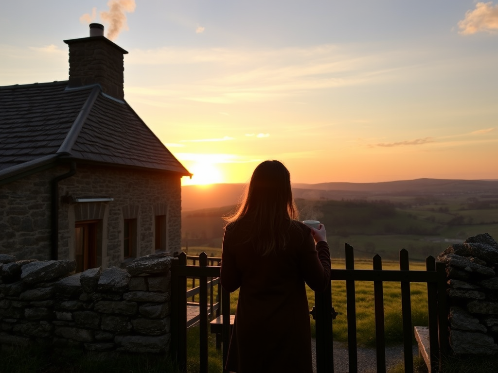 Old stone cottage in the countryside, smoke rising gently from the chimney, a woman stands by the front gate, her hands wrapped around a steaming mug as she watches the sunset over the rolling hills.