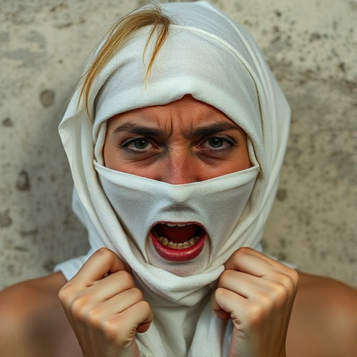 Create a close-up photographic image of a Romani woman with light skin tones shown against an old, worn wall. Their head is wrapped in a white cloth covering (i.e.... parts of the head except the nose and mouth, which are open as if they are screaming...), with a slight texture and visible folds in the fabric. Thin strands of blonde hair escape from the wrapping above, falling lightly at the top and sides. Their hands hold the fabric as if they are tugging nervously. The lighting is dramatic and even, casting strong shadows. The image has a minimalist and surreal style with an emphasis on simplicity with soft color tones. The composition is centered.