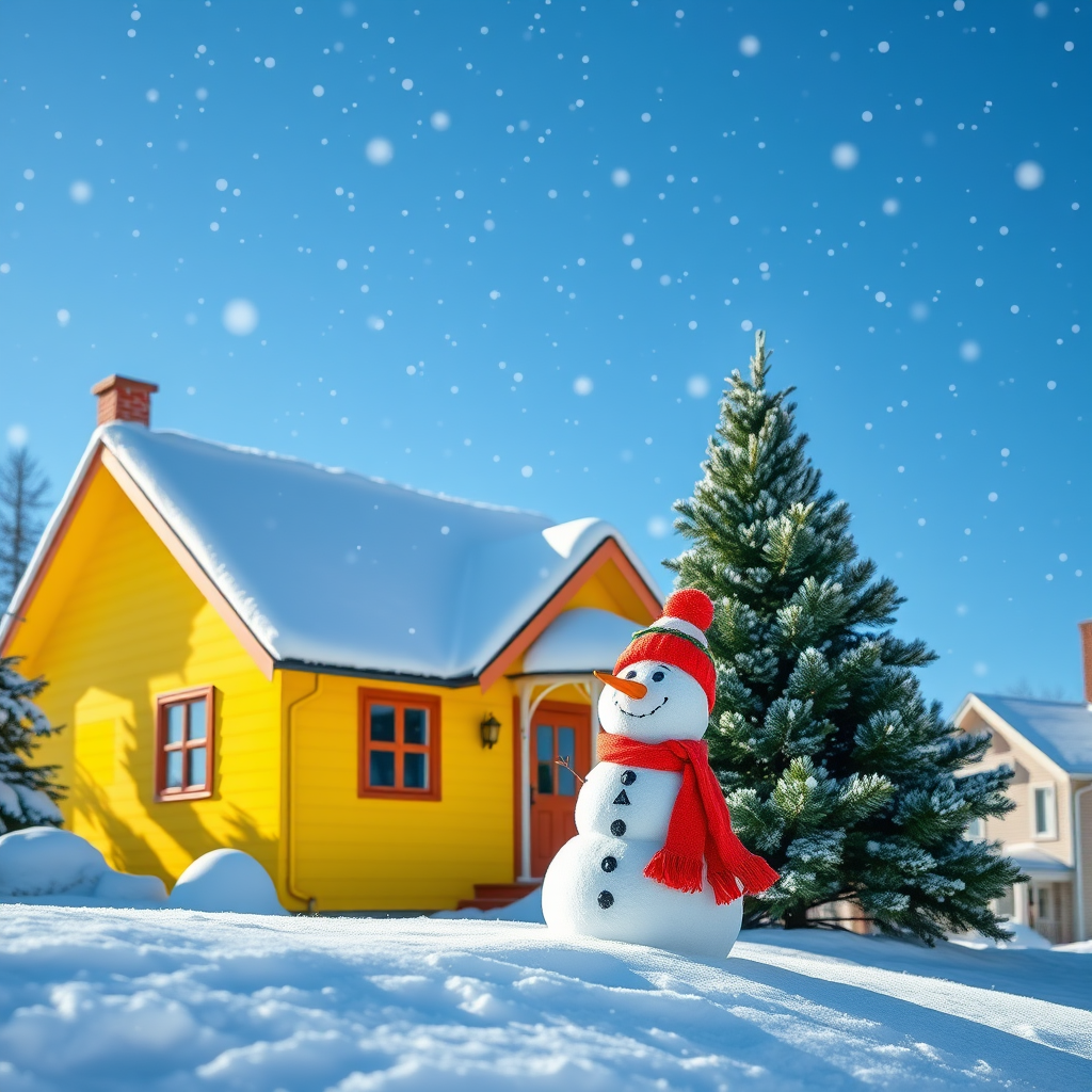 A cozy winter scene with a yellow house, a snowman wearing a red scarf and hat, and green pine trees, set against a bright blue sky with falling snowflakes, captured with a DSLR camera at an aperture of f/8, ISO 100, shutter speed 1/200s, wide-angle lens, shot in vibrant colors to enhance clarity and detail.